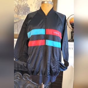 Vintage 1980s Adidas Track Jacket Black w/ Red and Blue Size Large Made in USA